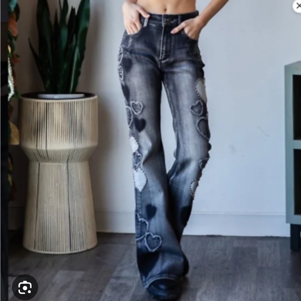 Oil & Hali Heart Patterned Black Jeans- Flare